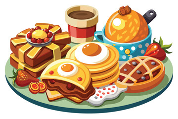 Cartoon breakfast arrangement features pancakes, waffles, toast, syrup, fruit, and coffee displayed together