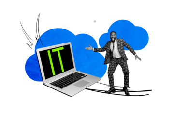 Composite photo collage of happy american businessman wear heart suit point it repaired laptop master service isolated on painted background