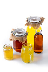 Colorful Kombucha Jars and Bottles isolated on white background