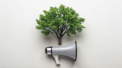 Eco + Brand + Social + Campaign A megaphone merges with a tree, symbolizing communication and environmental awareness.