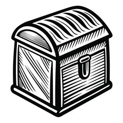 Black and white line art depicts a closed treasure chest in simple design
