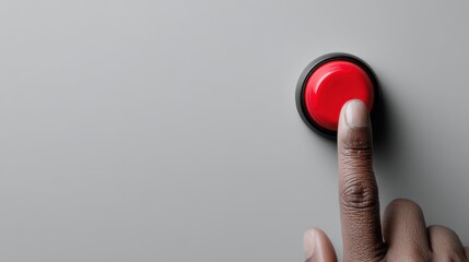 Urgent Action Initiated: A focused hand, presses a vibrant red button, set against a sleek, neutral backdrop, conveying a sense of purpose and immediacy.