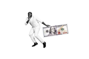 Creative photo collage image young man money finance steal cash keep silence shh benjamin franklin hundred dollars drawing background