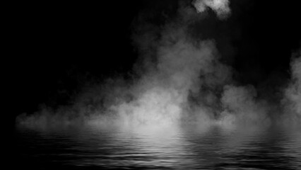 Mystery fire coastal fog . Smoke on the shore . Reflection in water. Texture overlays background. Stock illustration.