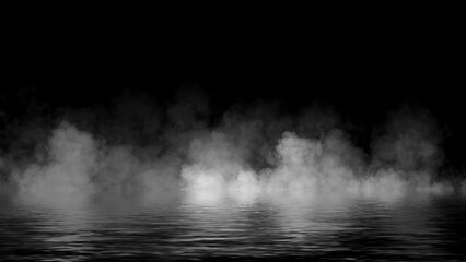 Mystery fire coastal fog . Smoke on the shore . Reflection in water. Texture overlays background. Stock illustration.