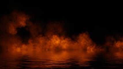 Mystery fire coastal fog . Smoke on the shore . Reflection in water. Texture overlays background. Stock illustration.