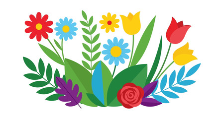 Colorful floral arrangement with various flowers and leaves on a white background.