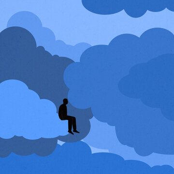 Man sitting alone on blue cloud illustration in the sky