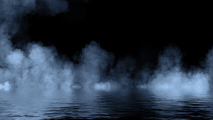 Mystery fire coastal fog . Blue smoke on the shore . Reflection in water. Texture overlays background. Stock illustration.