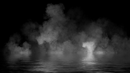 Mystery fire coastal fog . Smoke on the shore . Reflection in water. Texture overlays background. Stock illustration.
