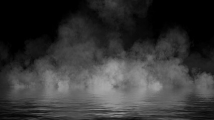 Fototapeta premium Mystery fire coastal fog . Smoke on the shore . Reflection in water. Texture overlays background. Stock illustration.