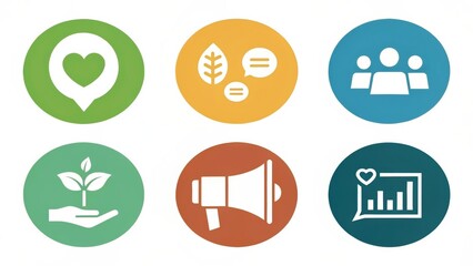 Fototapeta premium Eco + Brand + Social + Campaign Icons representing communication, growth, community, and environmental awareness in a cohesive design.