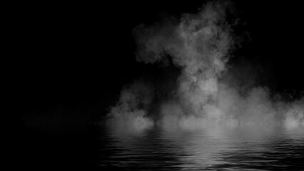 Mystery fire coastal fog . Smoke on the shore . Reflection in water. Texture overlays background. Stock illustration.