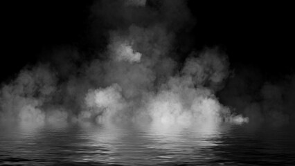 Mystery fire coastal fog . Smoke on the shore . Reflection in water. Texture overlays background. Stock illustration.