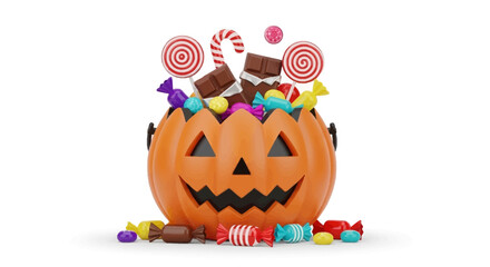 Halloween candy bucket overflowing with colorful treats, including lollipops, chocolates, and assorted candies.