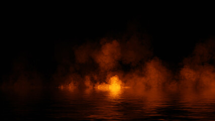 Mystery fire coastal fog . Smoke on the shore . Reflection in water. Texture overlays background. Stock illustration.