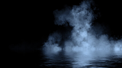 Mystery fire coastal fog . Blue smoke on the shore . Reflection in water. Texture overlays background. Stock illustration.