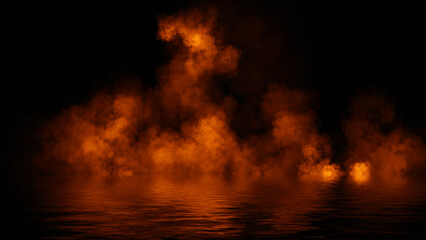 Mystery fire coastal fog . Smoke on the shore . Reflection in water. Texture overlays background. Stock illustration.