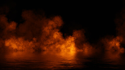 Obraz premium Mystery fire coastal fog . Smoke on the shore . Reflection in water. Texture overlays background. Stock illustration.