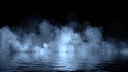 Mystery fire coastal fog . Blue smoke on the shore . Reflection in water. Texture overlays background. Stock illustration.
