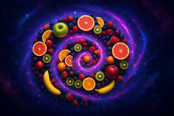Cosmic Spiral of Fruits – Fantasy Galaxy Food Concept Illustration