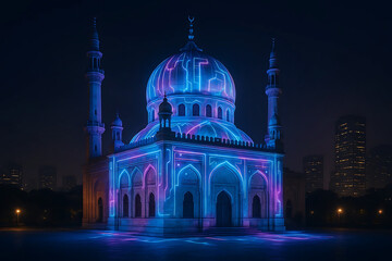 Glowing Taj Mahal Illustration – Neon Islamic Architecture Night View