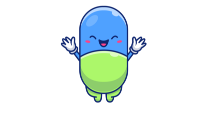 Cute cartoon pill character with a happy face and raised arms, colored blue and green, on a white background.