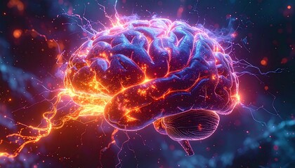 A Fiery Illustration of Brain Activity, Showcasing Neuronal Processes and Energy Flows