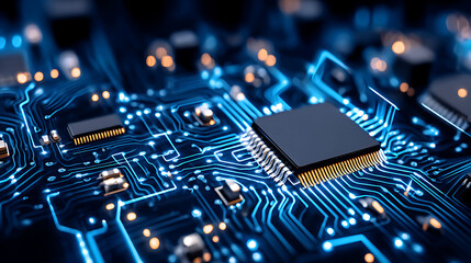 Close-up view of a microchip on a circuit board with illuminated blue pathways and electronic components