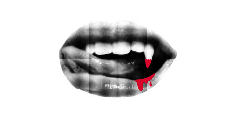 Fototapeta premium Open mouth with vampire fangs and blood drops. Creepy Halloween, retro collage banner, lips cut out from magazine