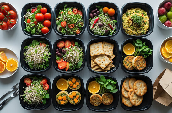 Top view of assorted healthy meals in black plastic containers with salads, couscous, mini quiches, and fruit dessert, professional food photography of meal prep and takeaway catering concept