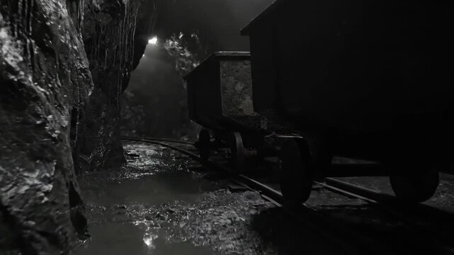 Inside Dark Deep Earth Coal Mine With Mining Cart on Rails, Lighting From Distant Lights