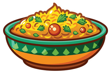 Bowl of yellow rice dish garnished with tomatoes and parsley rests peacefully isolated