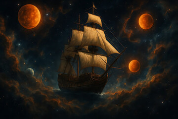 Vintage Sailing Ship in Space – Fantasy Cosmic Adventure Concept