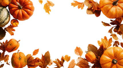 Autumn square border frame with spooky pumpkins and leaves isolated on transparent background 