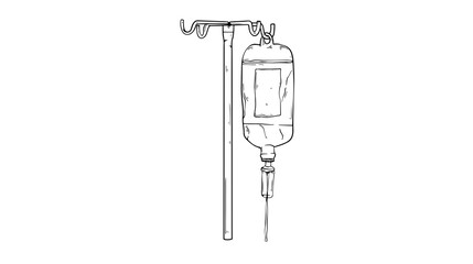Line drawing of an intravenous drip bag and stand.