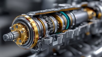 Fototapeta premium Intricate Mechanism of a Cross-Sectional Engine Component with Detailed Gears and Metal Finishes