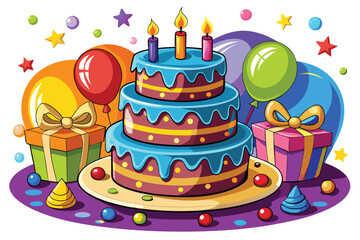 Colorful three layer cake adorned with candles features balloons, gift boxes, and party accessories