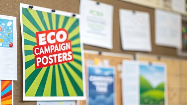 Eco + Brand + Social + Campaign Eco campaign posters displayed on a bulletin board promote environmental awareness and action.