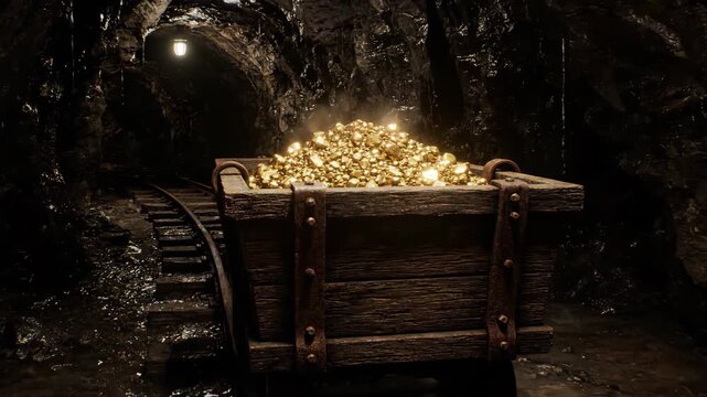 Gold Rush Era Mine Cart is Filled With Shiny Gold Nuggets Deep Inside a Dark Mining Tunnel