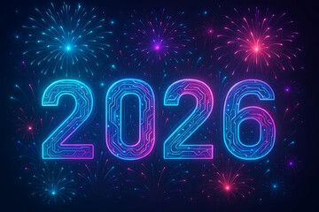 Neon Happy New Year 2026 – Festive Fireworks Celebration Poster