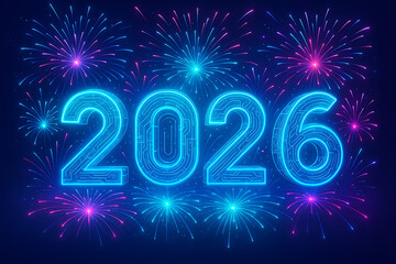 Happy New Year 2026 – Bright Blue Fireworks Celebration