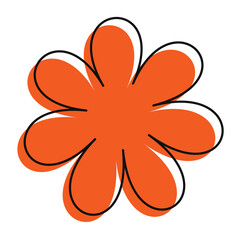Flat orange flower with rough black edge and geometric petals. Stylish and colorful with a playful touch.