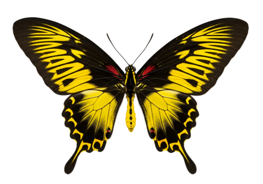 A vivid close-up image showcases a swallowtail butterfly, displaying striking patterns of yellow and black wings against a stark black backdrop.