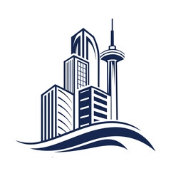 Fototapeta premium Modern city skyline with iconic tower and wavy foundation