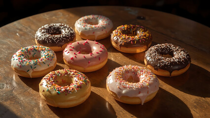 Assorted colorful glazed donuts with sprinkles on wooden table in warm natural light