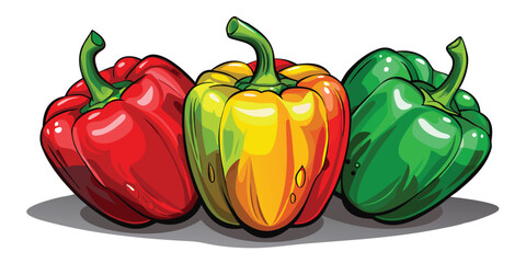 Fresh bell peppers in red, yellow, and green sit side by side with shadows