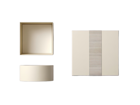 Beige square gift box, open and closed views - Powered by Adobe