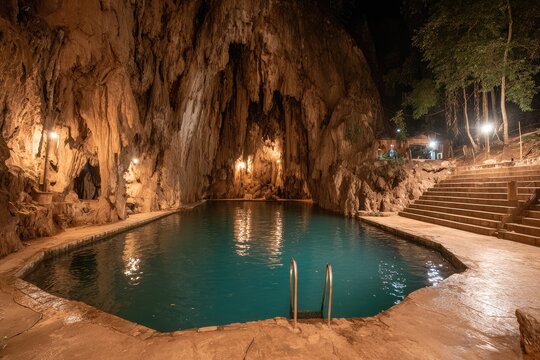 Cave pool at night, illuminated by warm light