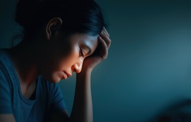 Fototapeta premium Young woman grappling with insomnia while seeking solace under a pillow in dim lighting